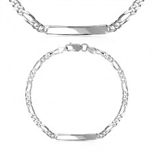 Zapestnica iz srebra 925 – sijoča ploščica, verižica z motivom figaro