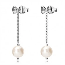 Verižni uhani iz srebra 925 - sijoča pentlja in bela kroglica, čepki