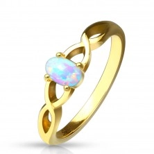 Jeklen prstan zlate barve – sintetični opal z mavričnim leskom, prepletena kraka