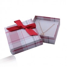 Darilna škatlica za prstan, uhane, obesek in ogrlico, rdeč karirast vzorec, pentlja