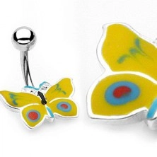 Uhan za popek z metuljem - rumene in modre barve
