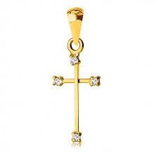 Obesek iz 14-karatnega rumenega zlata – križ z ozkima krakoma in prozornimi cirkoni