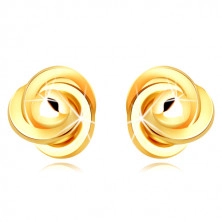 9K zlati uhani - trije obročki, prepleteni skupaj z gladko kroglico, zapenjanje s čepki