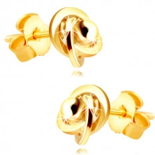 9K zlati uhani - trije obročki, prepleteni skupaj z gladko kroglico, zapenjanje s čepki