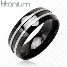 Črn prstan iz titana - dva ozka srebrna pasova