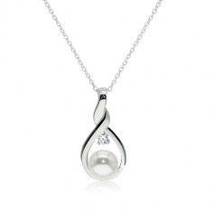 Ogrlica iz srebra 925 – kontura zvite solze z belim biserom in prozornim cirkonom v sredini