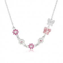 Otroška ogrlica iz srebra 925 – rože z roza in belo glazuro, metulji iz sintetičnih kristalov