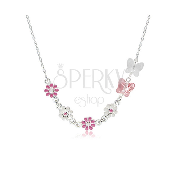 Otroška ogrlica iz srebra 925 – rože z roza in belo glazuro, metulji iz sintetičnih kristalov