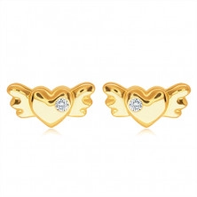 Uhani iz 14-karatnega zlata s čepki – polno simetrično srce s krili in prozornim cirkonom