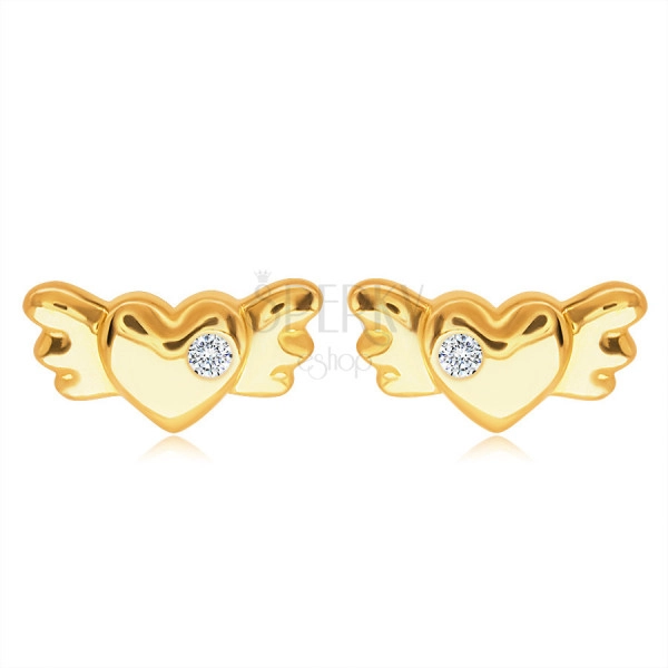 Uhani iz 14-karatnega zlata s čepki – polno simetrično srce s krili in prozornim cirkonom