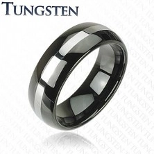 Eleganten prstan iz volframa - črn s srebrnim pasom, 8 mm