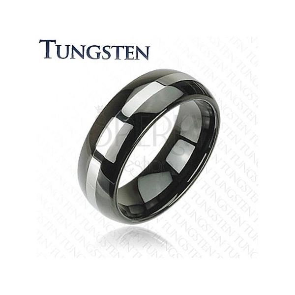 Eleganten prstan iz volframa - črn s srebrnim pasom, 8 mm