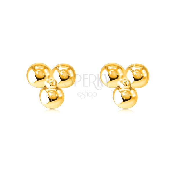Uhani iz 9-karatnega zlata – tri kroglice, povezane z manjšo sijočo kroglico, čepki