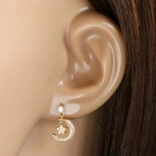 14-karatni zlati uhani - polmesec z zvezdo, okrašen z drobnimi prozornimi cirkoni, vtični uhani