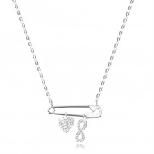 Srebrna ogrlica - varnostna sponka z obeski v obliki srca in simbola neskončnosti, prozorni cirkoni