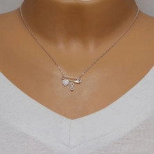 Srebrna ogrlica - varnostna sponka z obeski v obliki srca in simbola neskončnosti, prozorni cirkoni