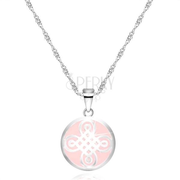 925 Srebrna ogrlica - obesek v obliki kroga, keltski motiv, roza podlaga