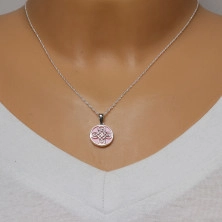 925 Srebrna ogrlica - obesek v obliki kroga, keltski motiv, roza podlaga