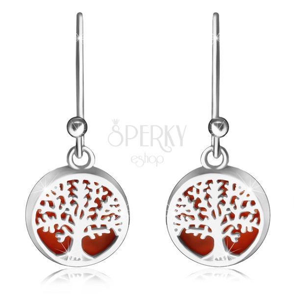 Viseči 925 srebrni uhani - gladek krog, drevo življenja na rdeči podlagi