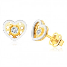 Kombinirani 14K zlati, diamantni uhani - srce, okrogel, prozoren briljant