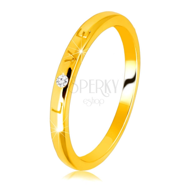 14K diamantni obroček iz rumenega zlata - napis „LOVE“ z briljantom, gladka površina, 1,5 mm 