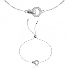 925 srebrna zapestnica - krog s cirkoni, člen s sijočo površino s cirkoni