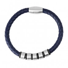 Temno modra usnjena zapestnica - pletena vrvica s kovinskimi valji in gumijastimi trakovi, magnetna zaponka