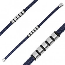 Temno modra usnjena zapestnica - pletena vrvica s kovinskimi valji in gumijastimi trakovi, magnetna zaponka