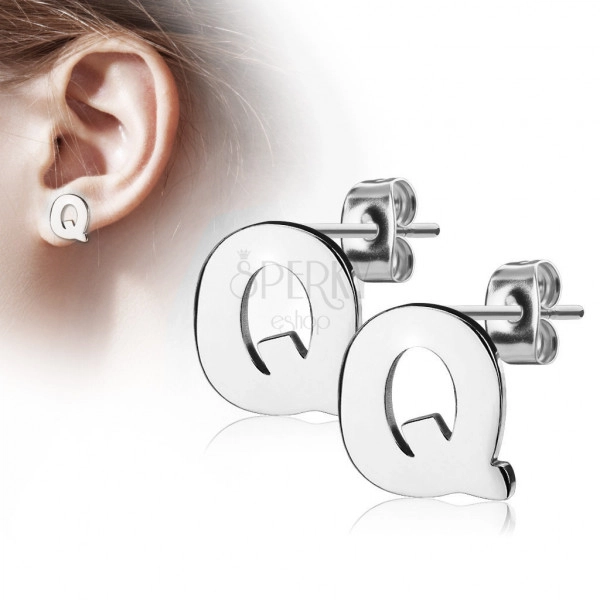 Jekleni uhani srebrne barve - velika črka Q, visoki sijaj