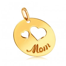 Ploščat 585  zlat obesek - izrezi dveh src, vgraviran napis "Mom", sijoč krog