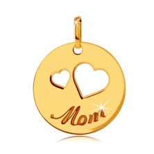 Ploščat 585  zlat obesek - izrezi dveh src, vgraviran napis "Mom", sijoč krog