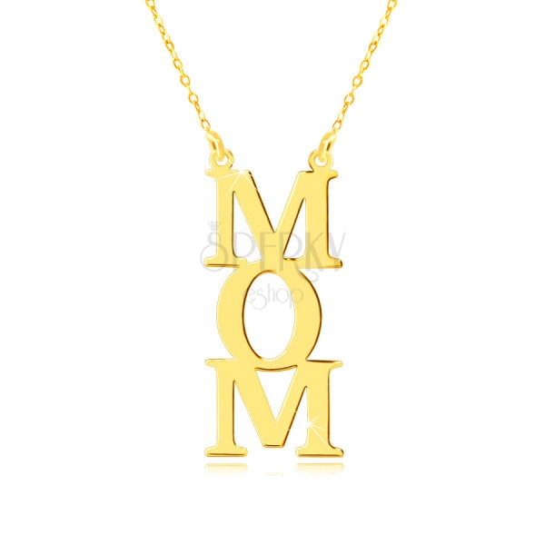 Ogrlica iz rumenega zlata 14 K - "MOM" napis, črke ena pod drugo, verižica z drobnimi členi