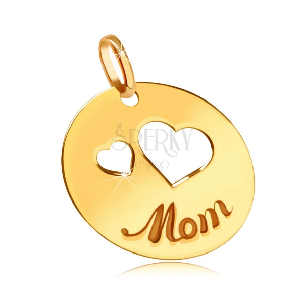 Ploščat 375 zlat obesek - izrezi dveh src, vgraviran napis "Mom", sijoč krog
