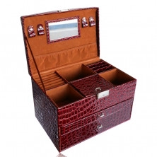 Škatla za nakit v kovčku v bordo barvi, krokodilji vzorec, kovinski detajli v srebrnem odtenku, ključ