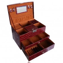 Škatla za nakit v kovčku v bordo barvi, krokodilji vzorec, kovinski detajli v srebrnem odtenku, ključ
