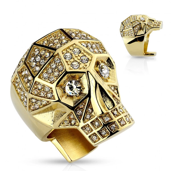 Masivni jekleni prstan 316L, zlata barva, lobanja, prozorni kristali