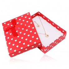 Darilna škatlica za ogrlico ali komplet - beli srčki, rdeča podlaga