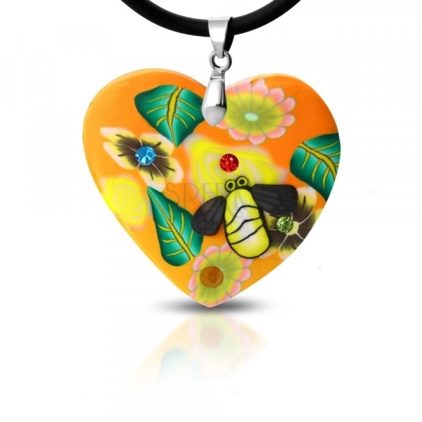 Ogrlica iz mase FIMO - oranžno srce z rožami in čebelico