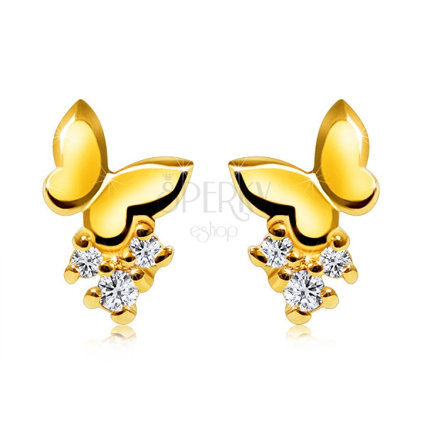 Briljantni uhani iz rumenega zlata 585 - poln, zrcalno poliran metulj, okrogli prozorni diamanti, zatiči