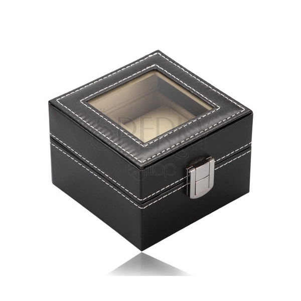 Kvadratna škatlica za nakit - črno usnje, sijoča ​​kovinska zaponka
