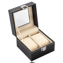 Kvadratna škatlica za nakit - črno usnje, sijoča ​​kovinska zaponka