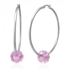 Jekleni uhani - veliki srebrni obroči z brušeno rožnato kroglico