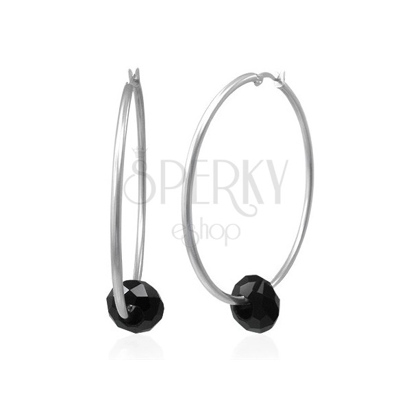 Jekleni uhani - veliki krogi s črno brušeno kroglico