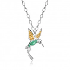 Srebrna ogrlica 925 – kolibri, rumen, zelen, črn kamen, tanka verižica