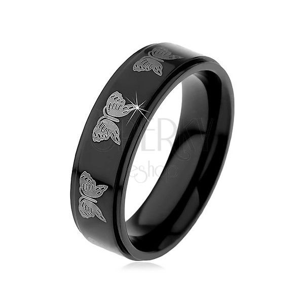 Črn jeklen prstan - motiv svetlega metulja