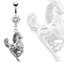 Piercing za popek - konj v galopu srebrne barve, okrogel prozoren cirkon