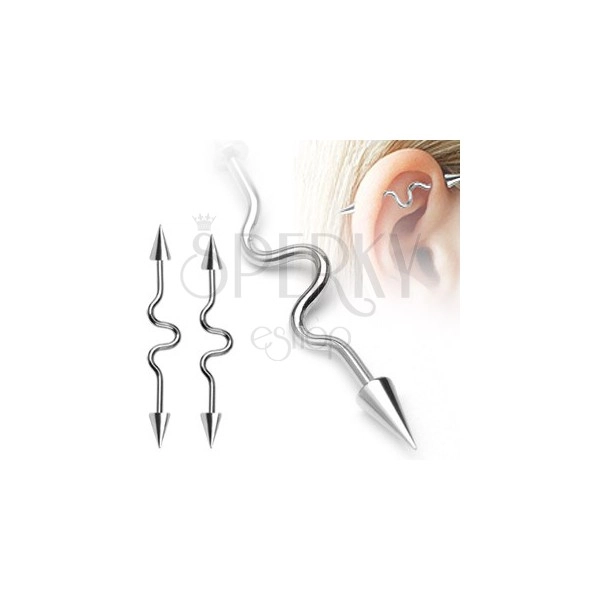 Industrijski piercing za uho z vijugo in koničastima bunkicama