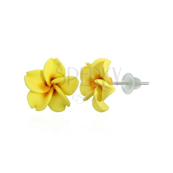 Cvet plumerije - rumeni uhani iz mase fimo