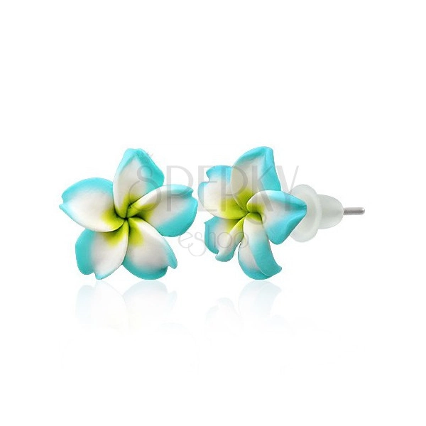 Uhančki iz mase fimo - turkizen in bel cvet