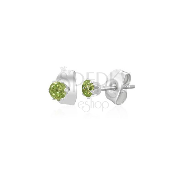 Jekleni uhani - svetlo zelen cirkon, 3 mm